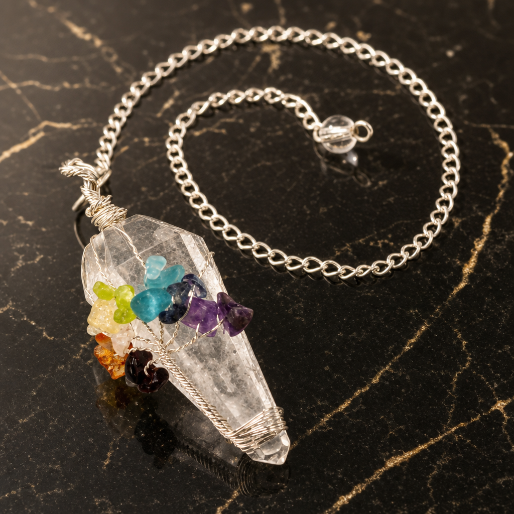 Pendule en cristal de roche sept chakras