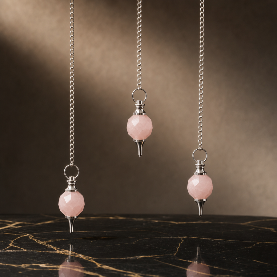Pendule à gemme facettée en quartz rose