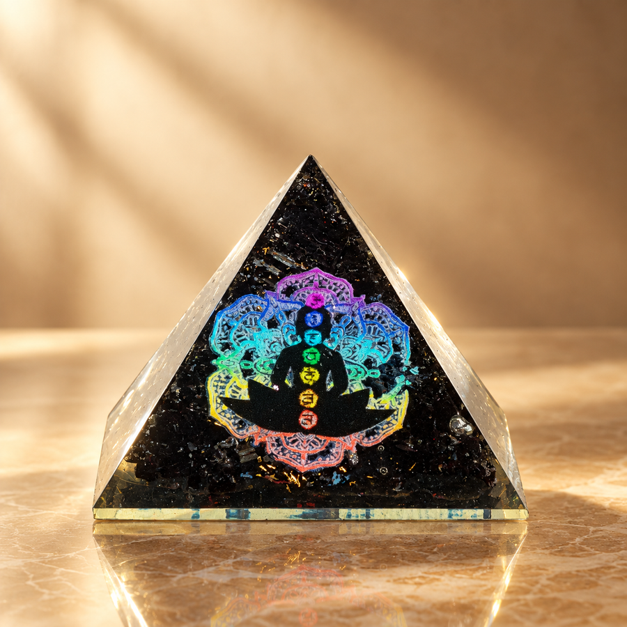 Petite pyramide d’orgonite chakra du Bouddha 5 cm