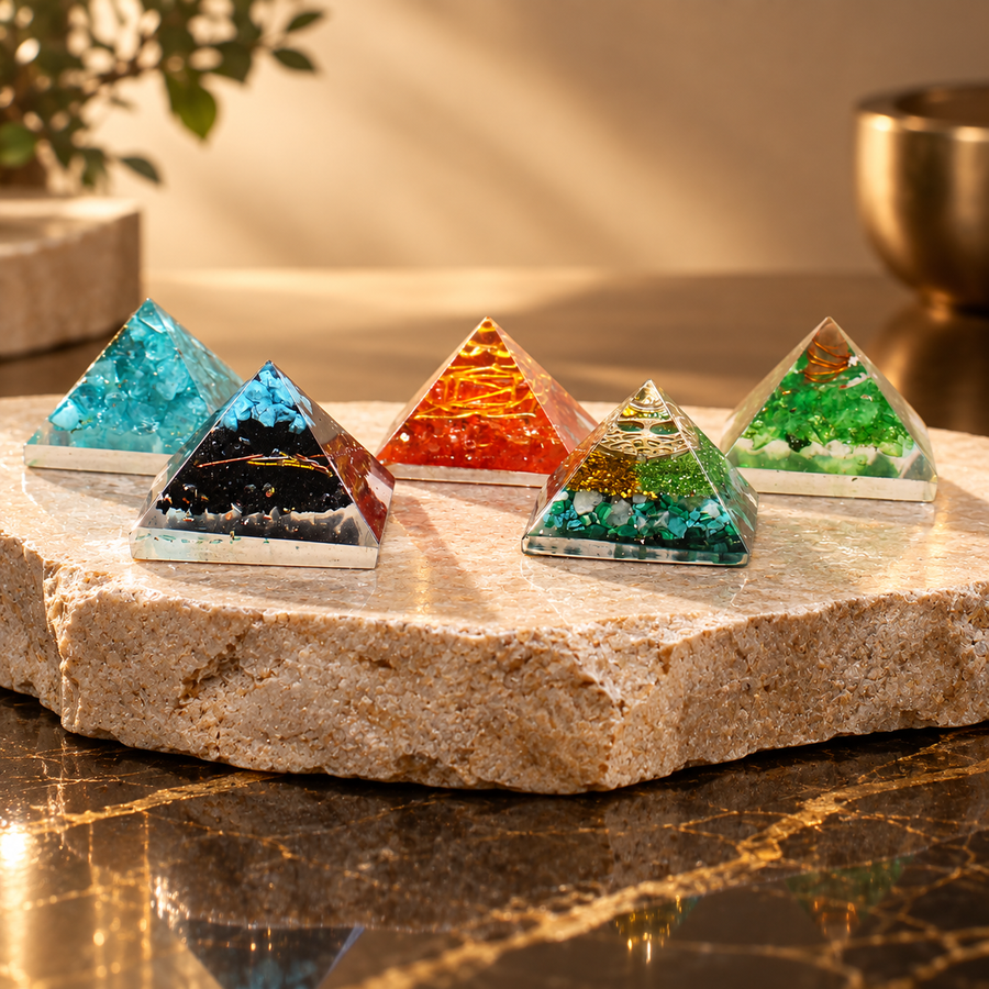 Petite pyramide d’orgonite éclats de pierres et cuivre 25 mm