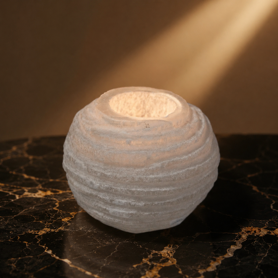 Bougeoir en sélénite boule de neige 8 cm