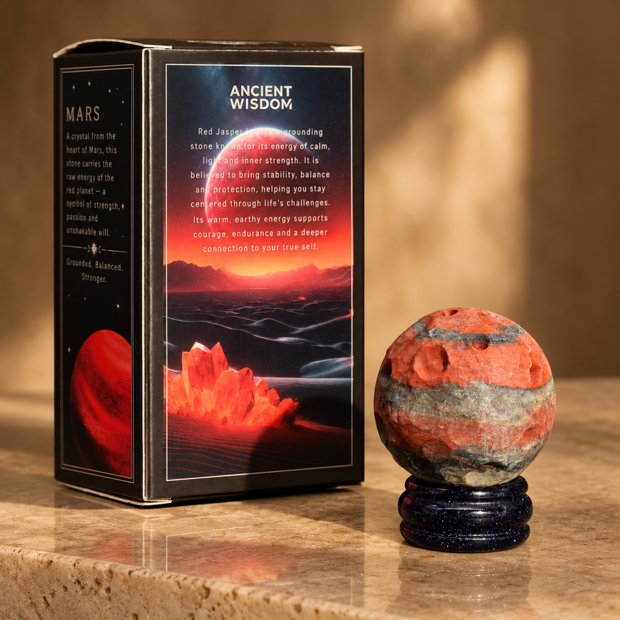 Planète Mars en jaspe rouge sur socle solaire 40 mm