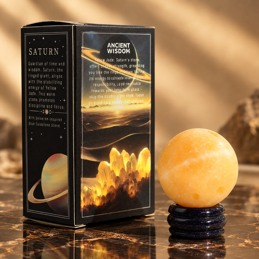 Planète Saturne en jade jaune sur socle solaire 40 mm