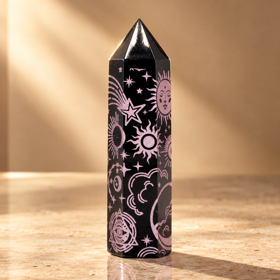 Pointe d’obsidienne noire Signes célestes, roses
