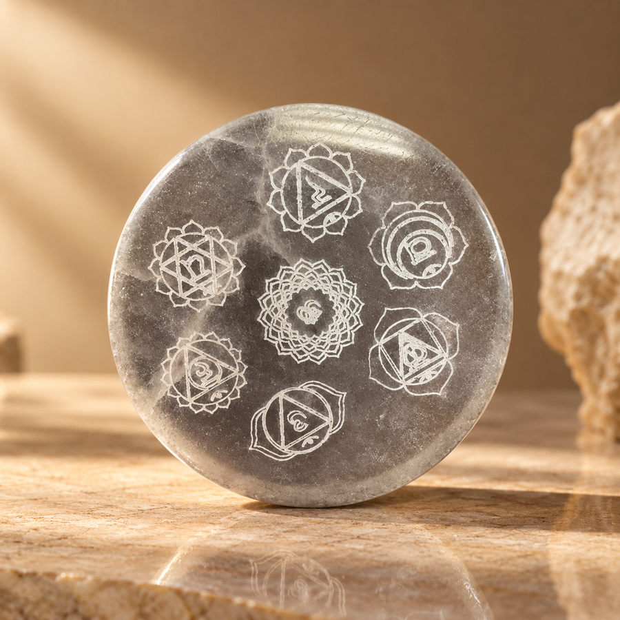 Plaque de charge en sélénite motif chakra 8 cm
