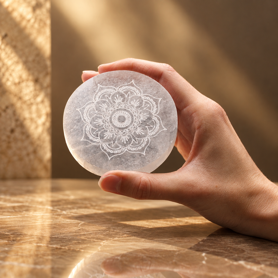 Plaque de charge en sélénite motif mandala 8 cm