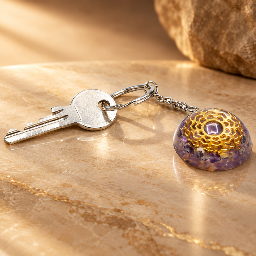 Porte-clés d’orgonite cœurs de mandala d’améthyste