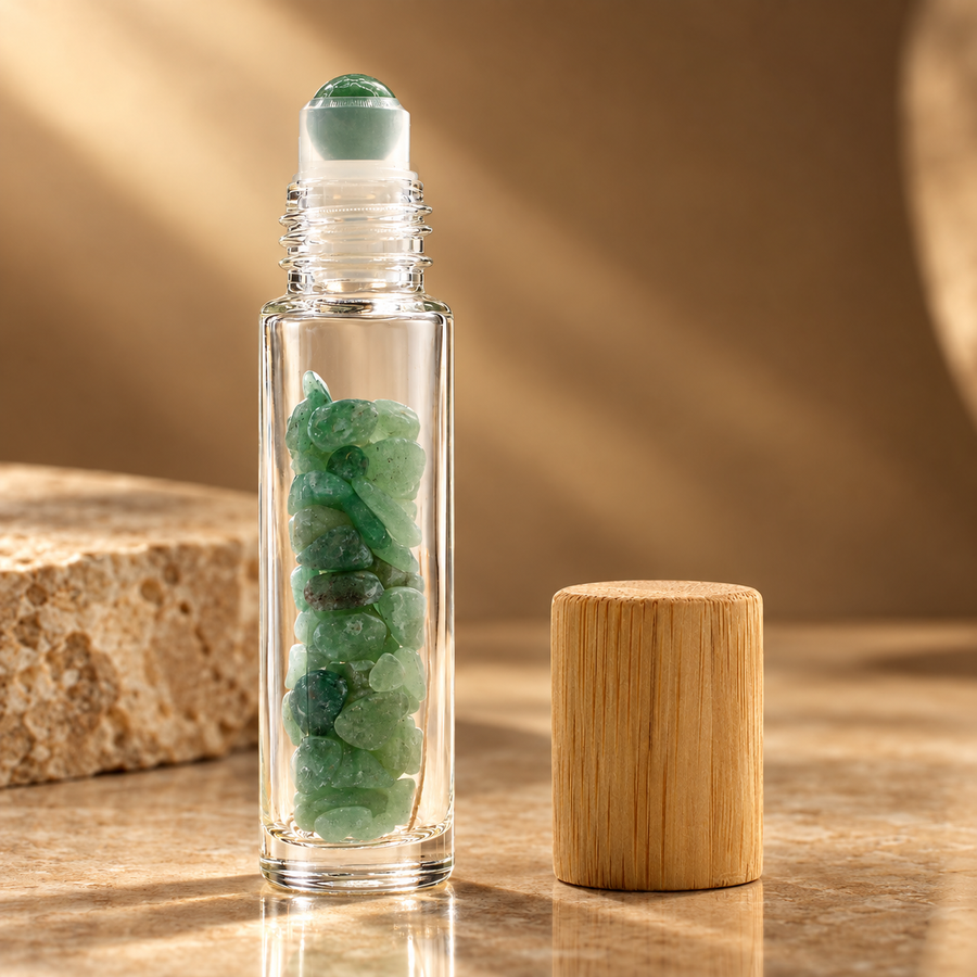 Flacon roll-on en aventurine, bouchon bois