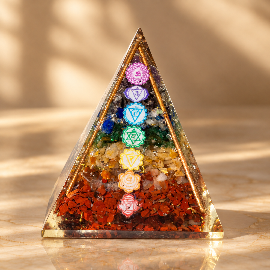 Pyramide d’orgonite barres de cuivre et sept chakras, moyen