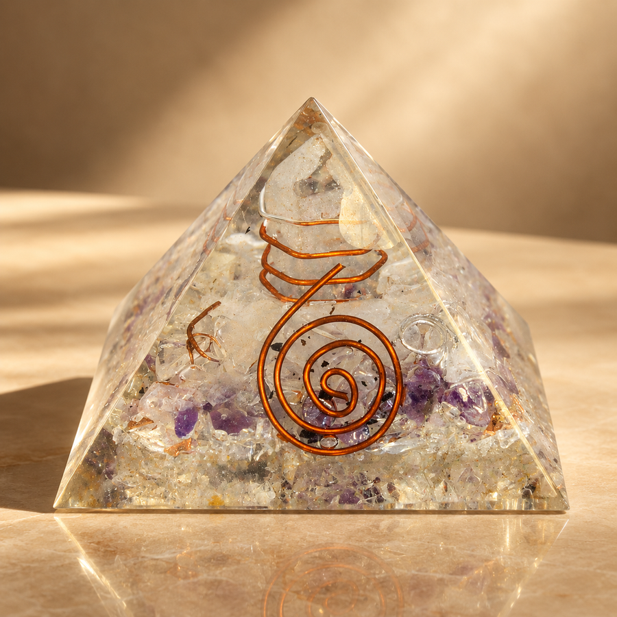 Pyramide d’orgonite éclats de pierres et cuivre 55 mm