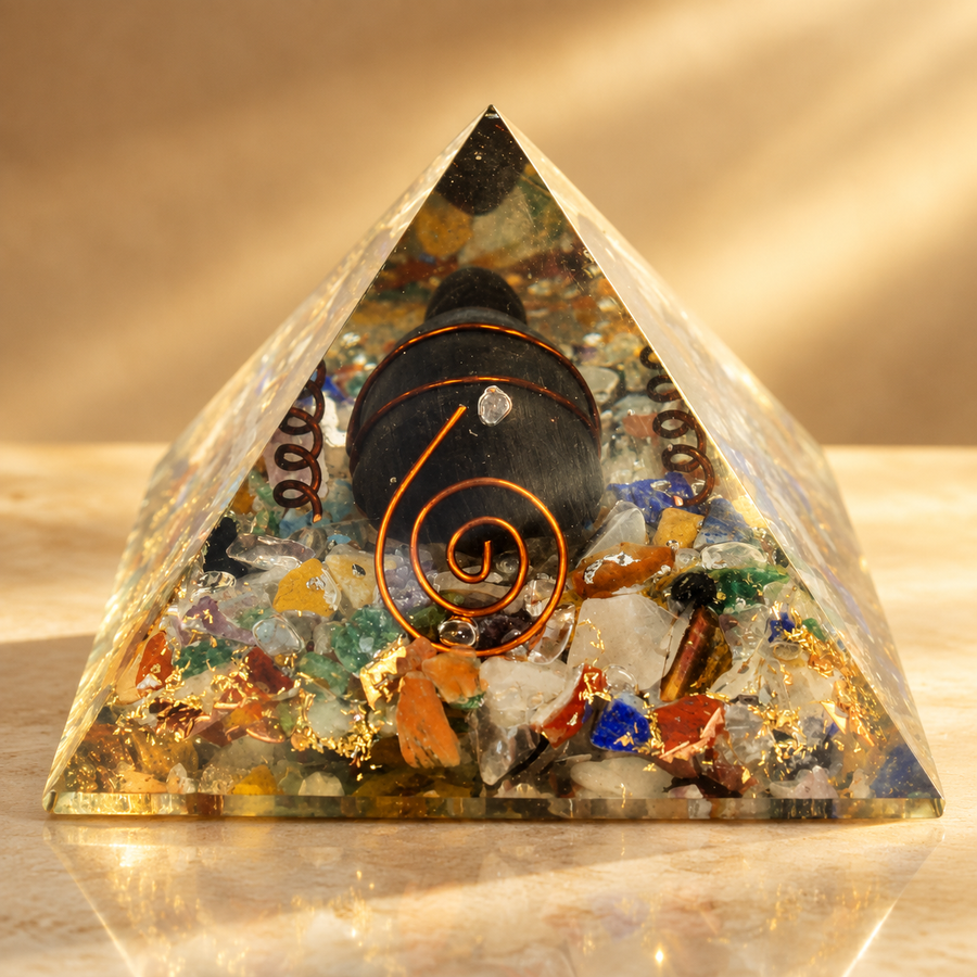 Pyramide d’orgonite tortue, cuivre et éclats 60 mm