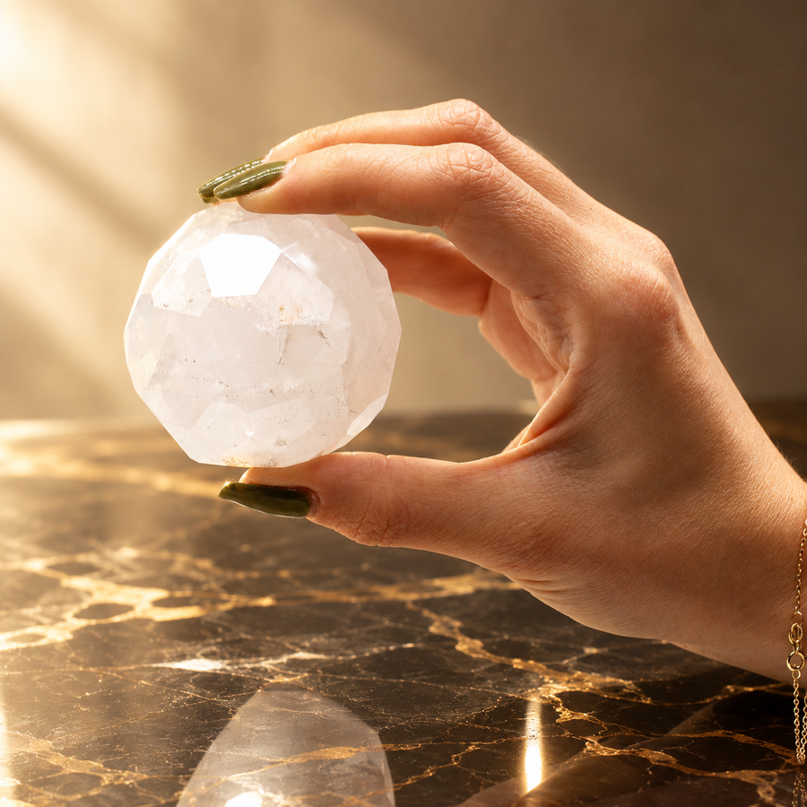 Sphère de soin facettée sur socle en cristal de roche