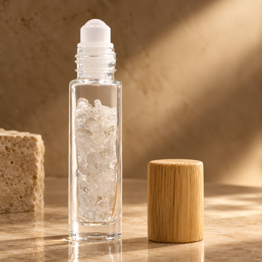Flacon roll-on en cristal de roche, bouchon bois