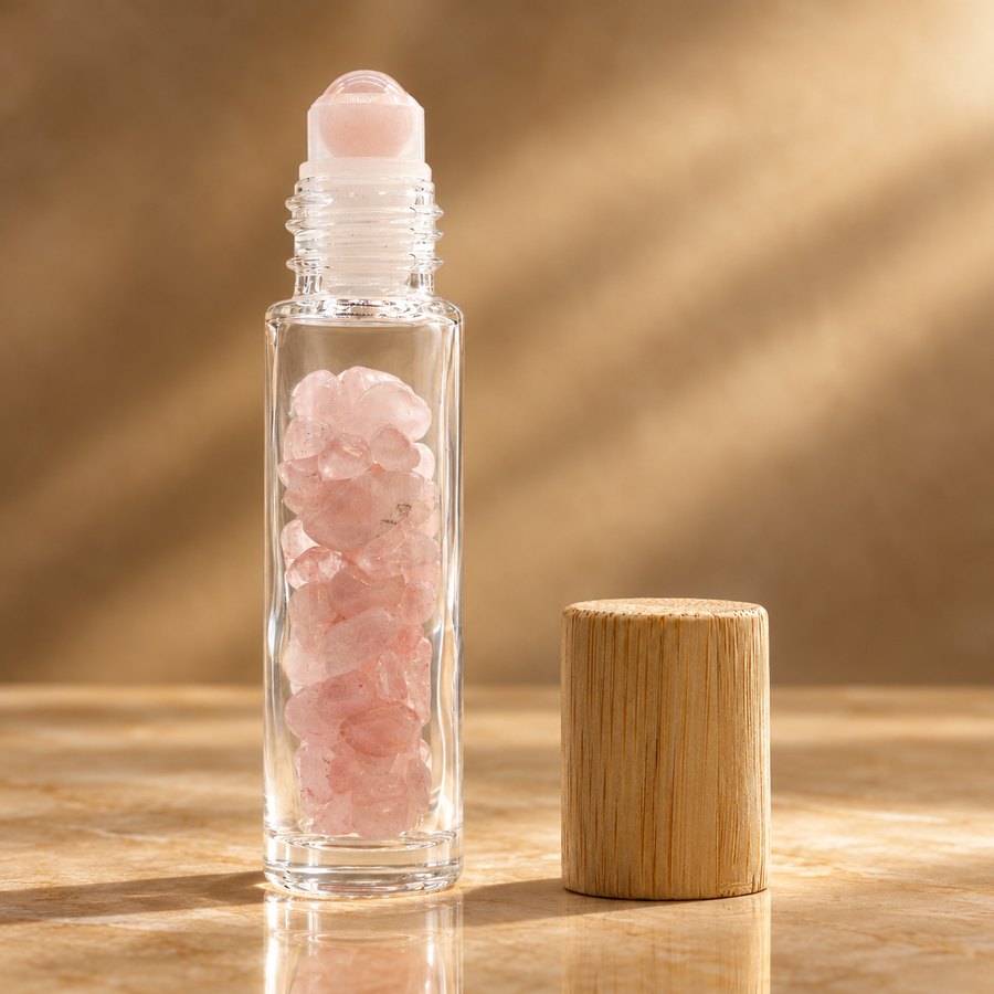 Flacon roll-on en quartz rose, bouchon bois