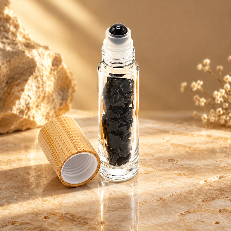 Flacon roll-on en tourmaline noire, bouchon bois