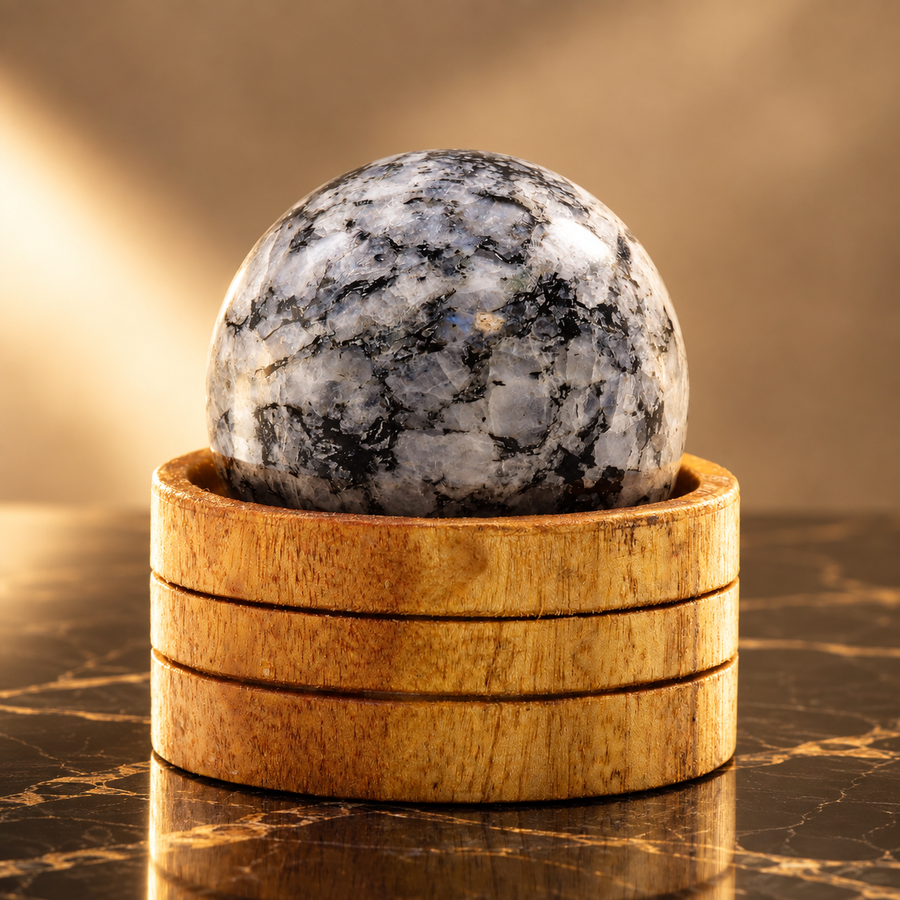Sphère en pierre de lune de l’Inde sur socle 50 mm