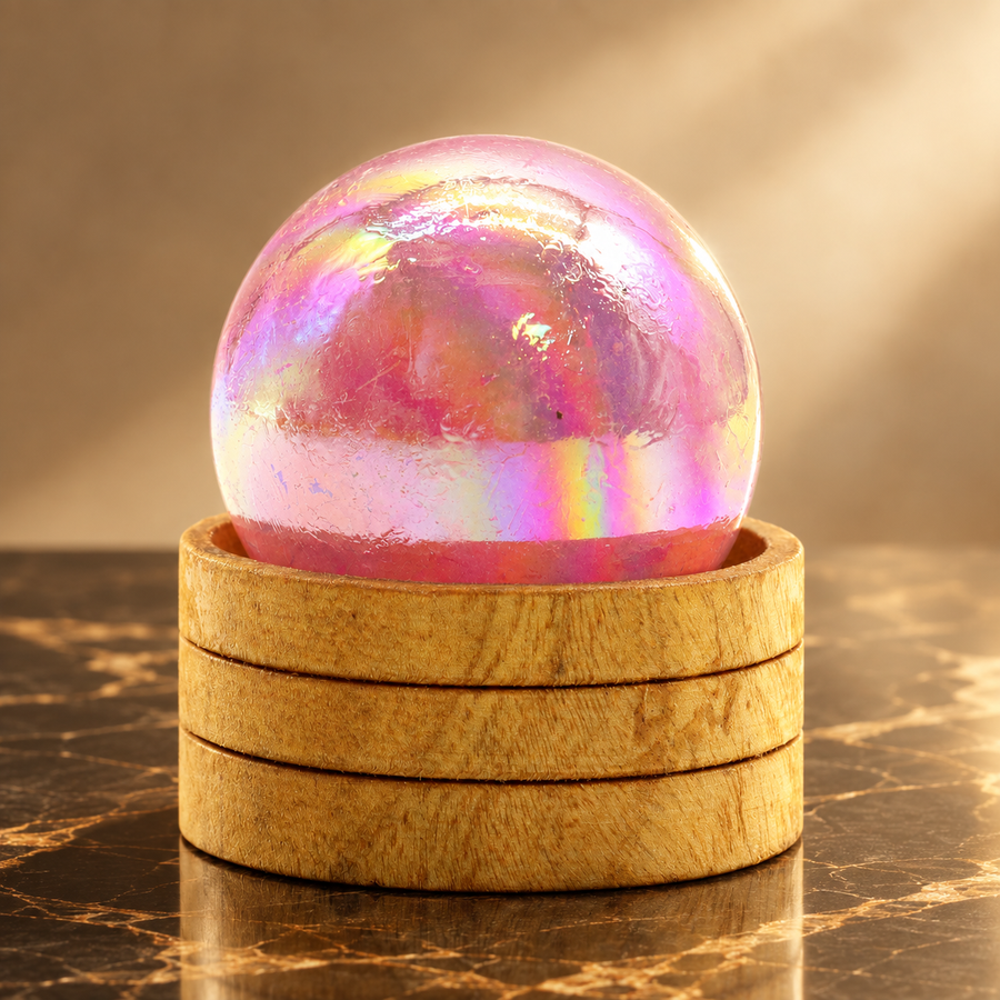 Sphère en quartz rose aura de titane sur socle 50 mm
