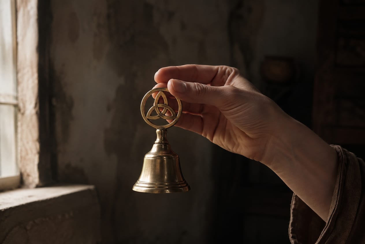Une clochette d’autel en laiton à poignée ajourée triquetra, tenue à la main devant une fenêtre