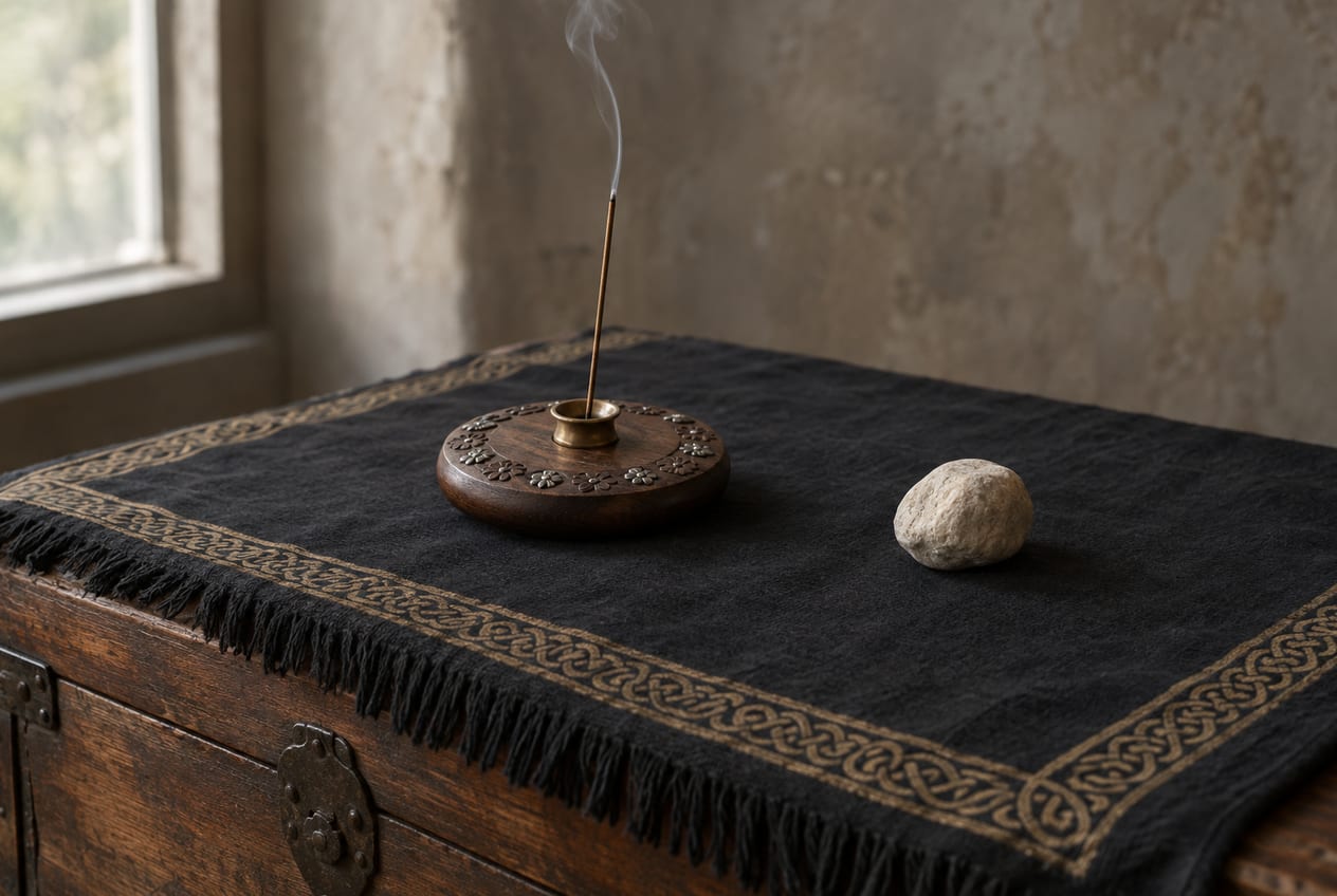 Un autel minimal : une nappe noire à franges sur un coffre, un porte-encens et une pierre