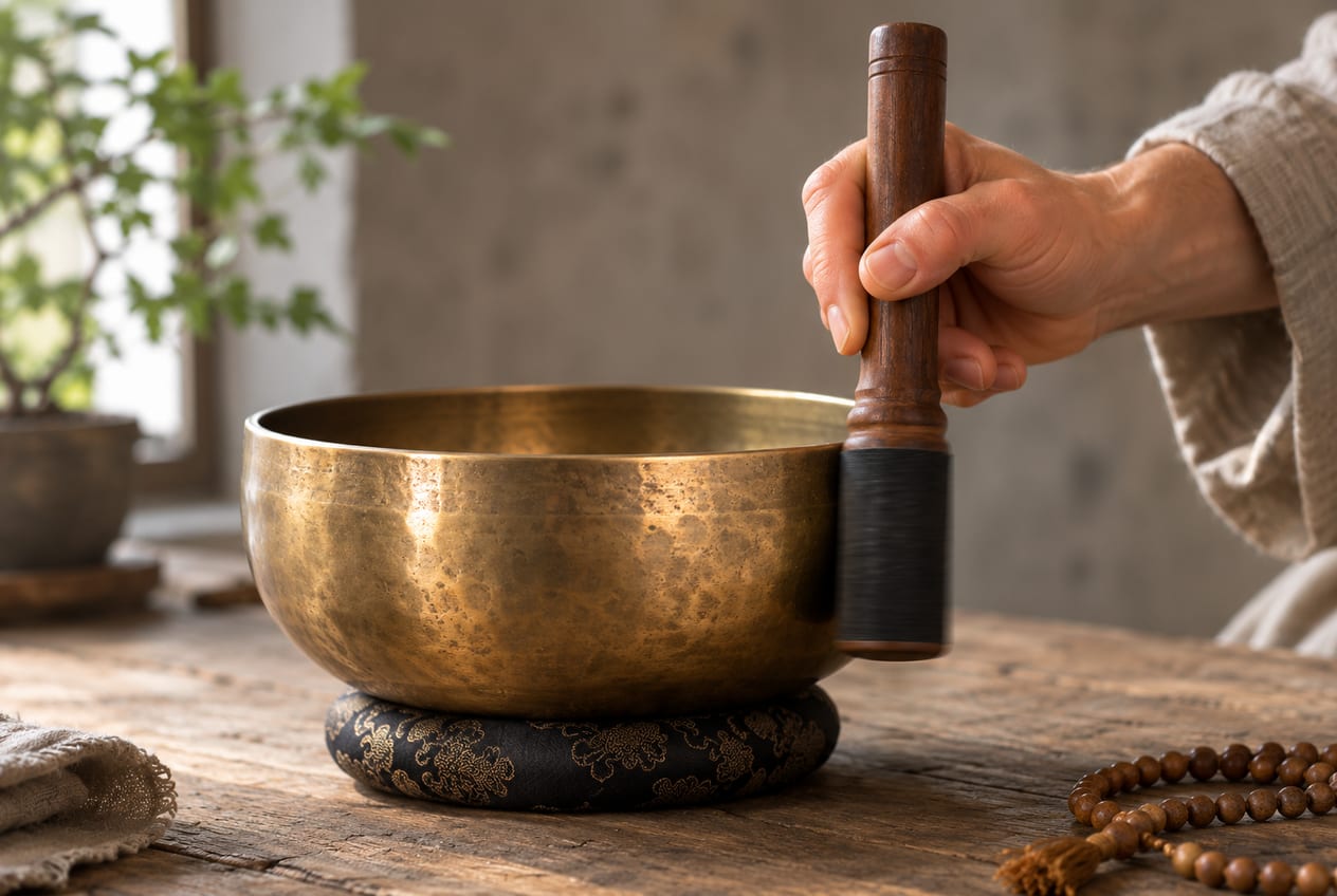 Une main frotte le bord extérieur d’un bol chantant avec un maillet de bois tenu droit