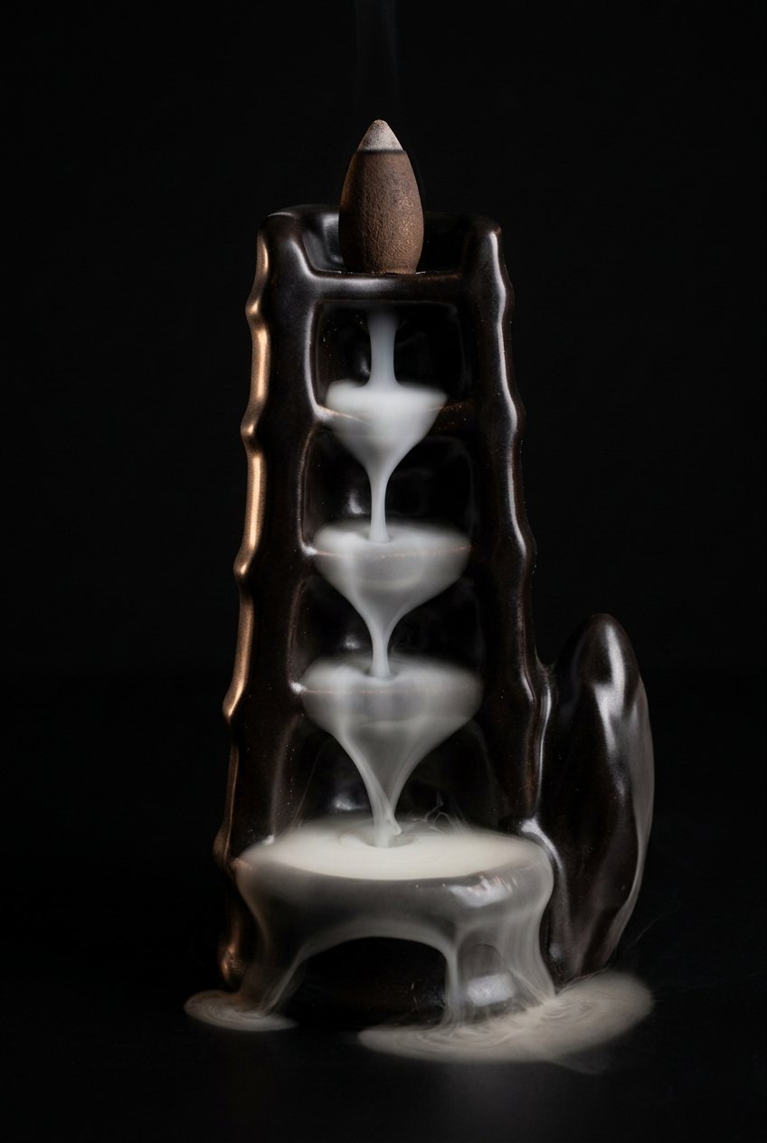 Un brûleur à reflux en fonctionnement : la fumée descend en cascade le long de la céramique